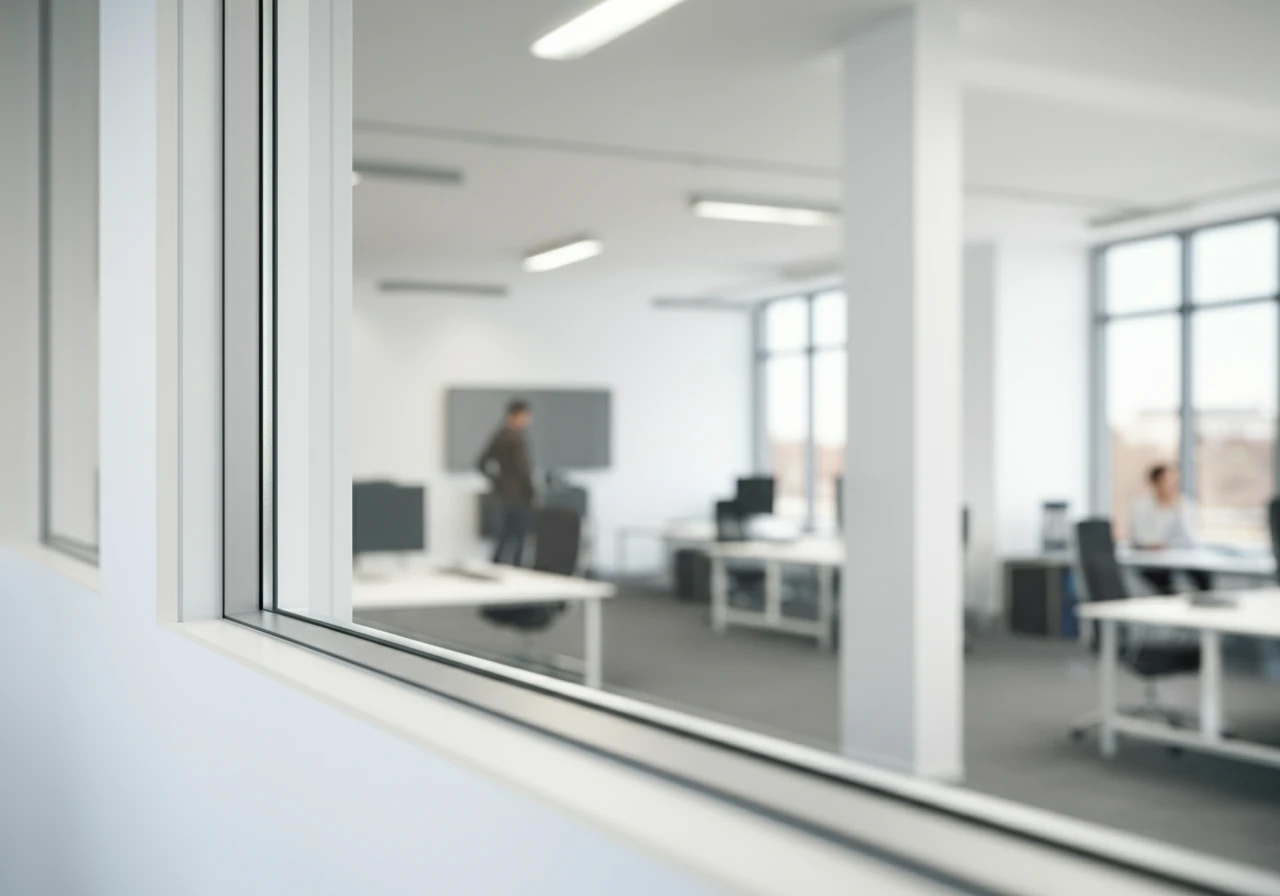 Modern frameless glass window in bright interior Modern frameless glass window in bright interior